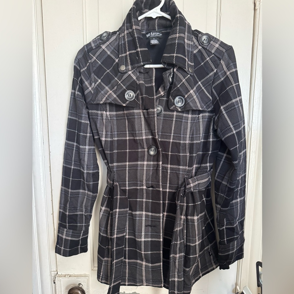 Self Esteem Black & Gray Plaid Trench Coat